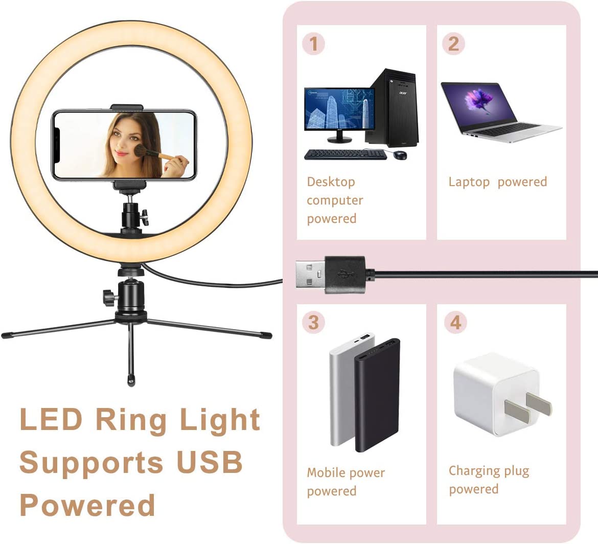 LED Ring Light 10" with Tripod Stand & Phone Holder for Live Streaming & YouTube Video, Dimmable Desk Makeup Ring Light for Photography, Shooting with 3 Light Modes & 10 Brightness Level