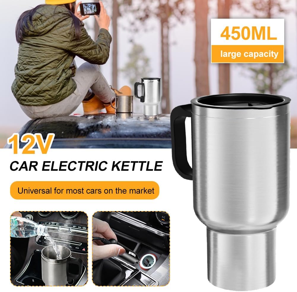 450ml Insulated Bottles, Car Electric Kettle 12V Car Heating Cup Stainless Steel Insulated Cup Reusable Water Bottle Travel Mug Coffee Mug Double Layer Vacuum Insulation Kettle
