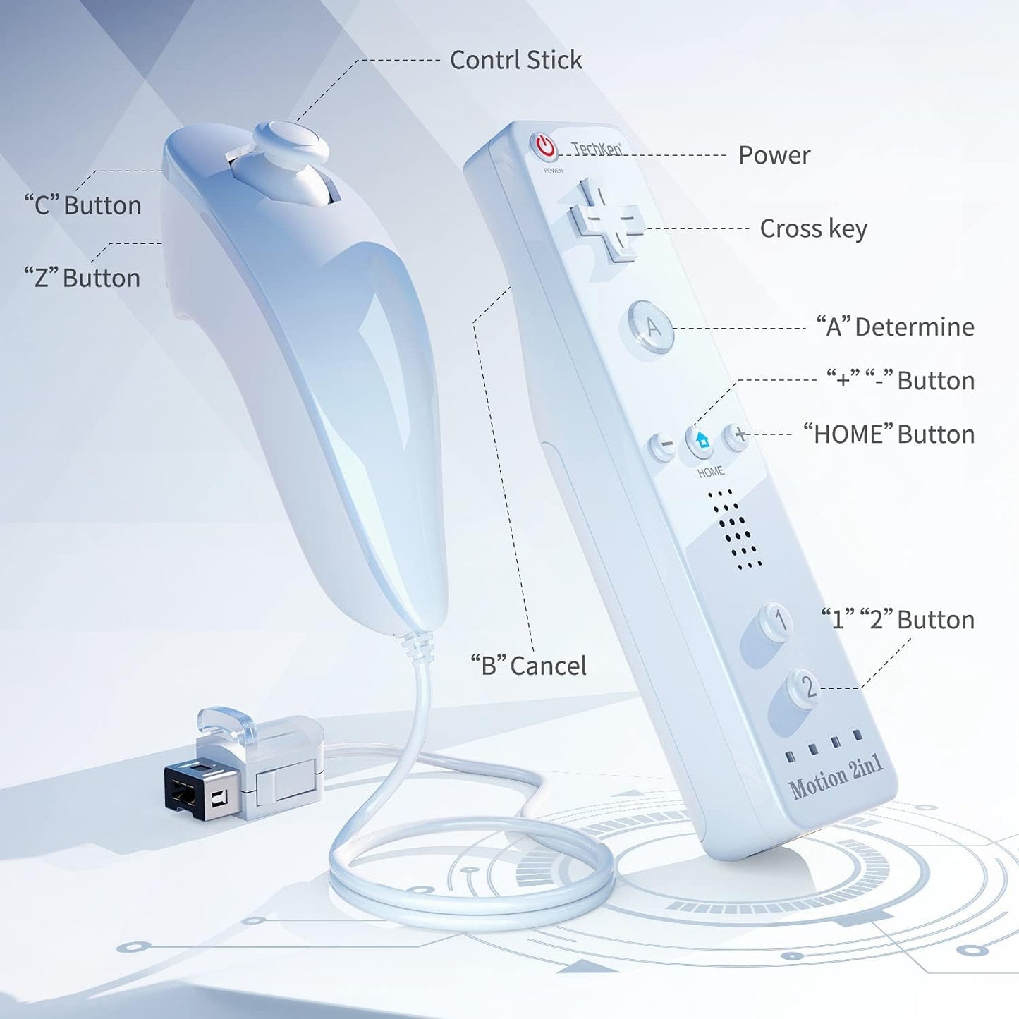 1 Pair Set Of 2 TechKen Controller for Wii with Motion Plus and Wii Nunchuck Controller Wii Remote Control Nunchuk Controller Wii Connection Remote Plus Controller Replacement for Wii/WiiU