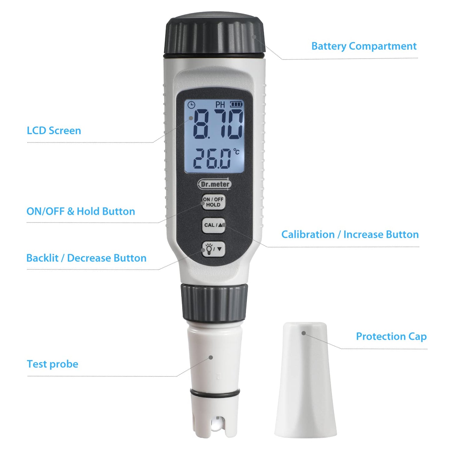 pH Meter, Dr.meter Upgraded 0.01 Resolution High Accuracy PH Tester with Backlit Two-Color LCD Display and ATC, 0-14pH Measurement Range with Data Hold Function Digital pH Tester Pen-PH838