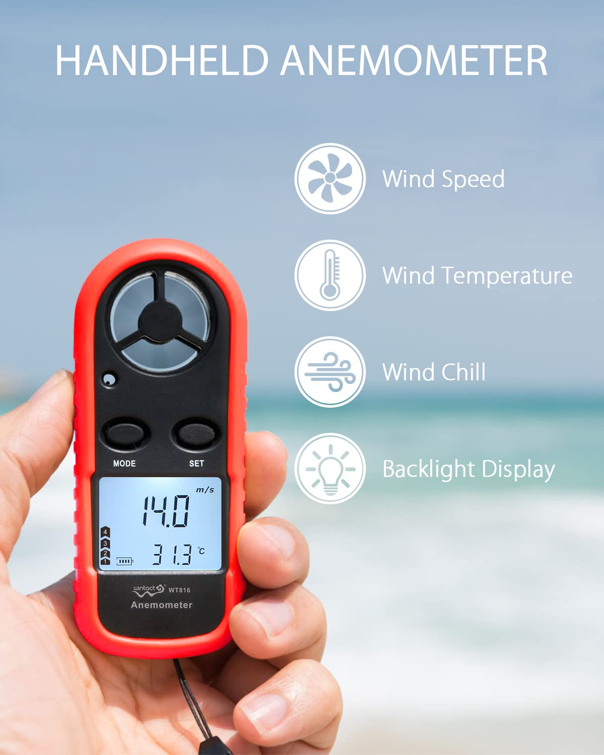 Wintact Handheld Anemometer Small Digital Vane Wind Speed Meter Gauge, Pocket Air Flow Velocity Tester with Measuring Wind Temperature 14℉ to 113℉ for House HVAC Duct Outdoor Kite Boat Sailing Surfing