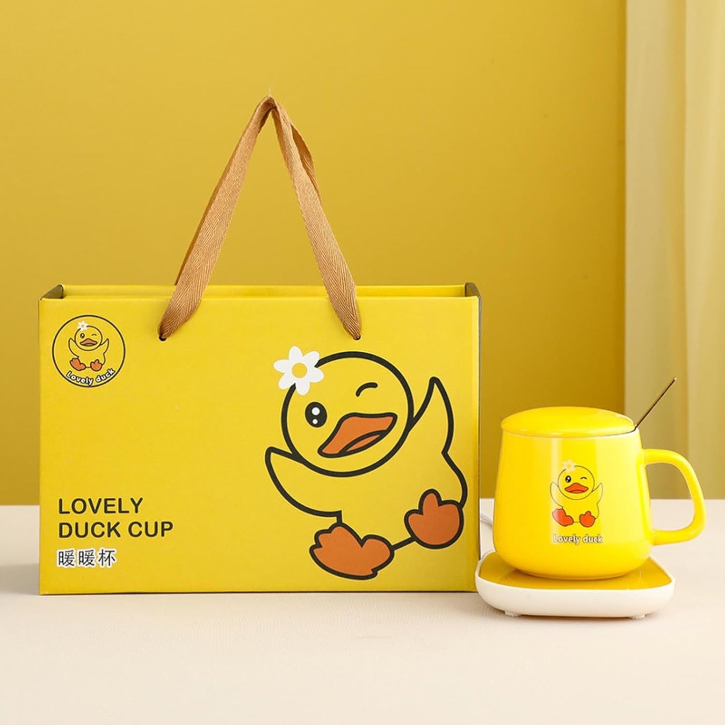 250ml Cartoon Yellow Duck Constant Temperature 55 Degree Ceramic Mug With Lid And Spoon, Heated Coaster Gift Box-Little Yellow Duck - Gift Box Package