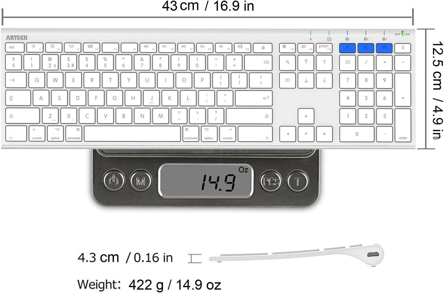 Arteck Bluetooth Keyboard for Mac iPad Multi-Device Stainless Steel Full Size Wireless Keyboard Compatible with iPad, iMac, Mac mini, MacBook, iPhone, Mac OS, iOS, Built-in Rechargeable Battery