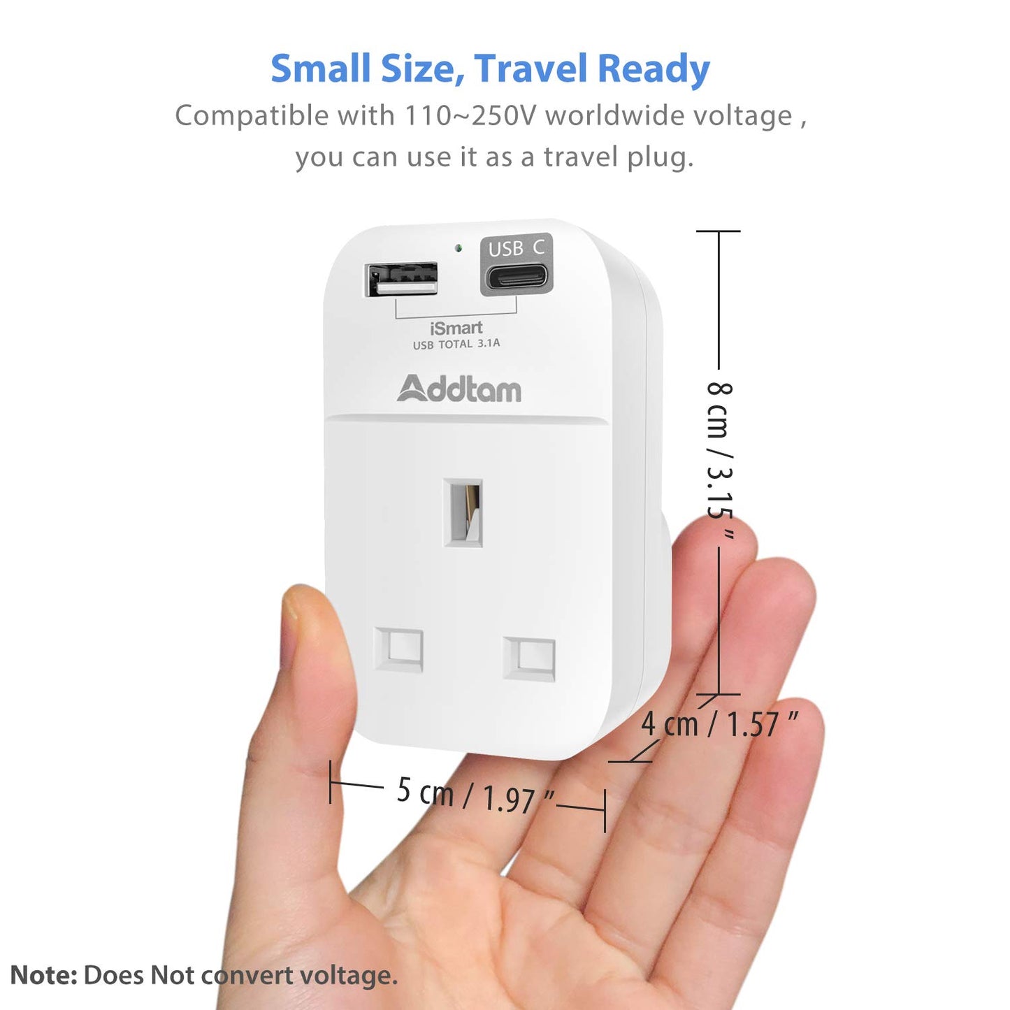 Addtam USB Plug Adaptor UK, Plug Extender with Cable-Free 1 Way 13A Wall Socket Adapter, Wall Plug Extension with 2 USB Slots(1 USB-C Fast Charging and 1 USB-A), Mini & Portable for Home/Office/Travel