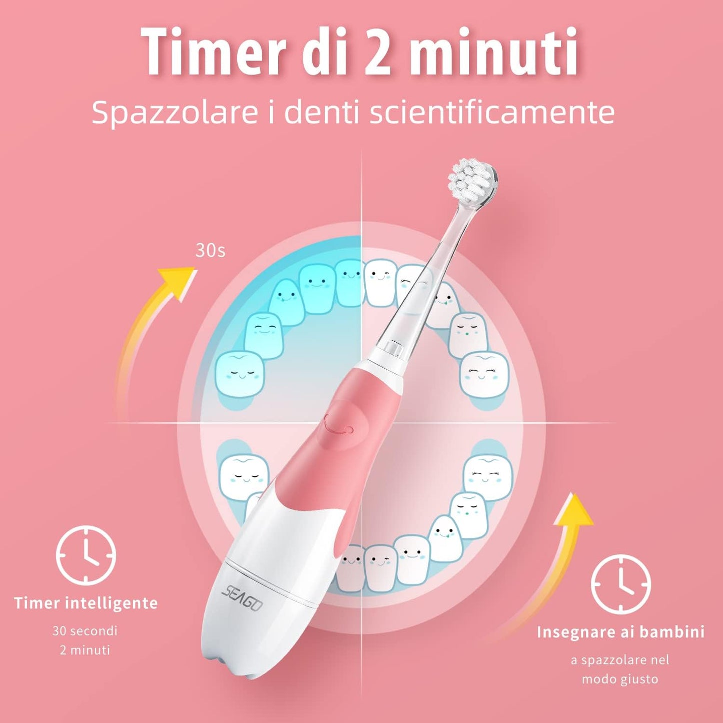 Seago SG-513 Electric Sonic Toothbrush for Children from 0 to 3 Years LED Light Smart Timer Sound Baby Toothbrush Waterproof IPX7 Children's Toothbrush (Sonic Toothbrush + 4 x Replacement Brushes,