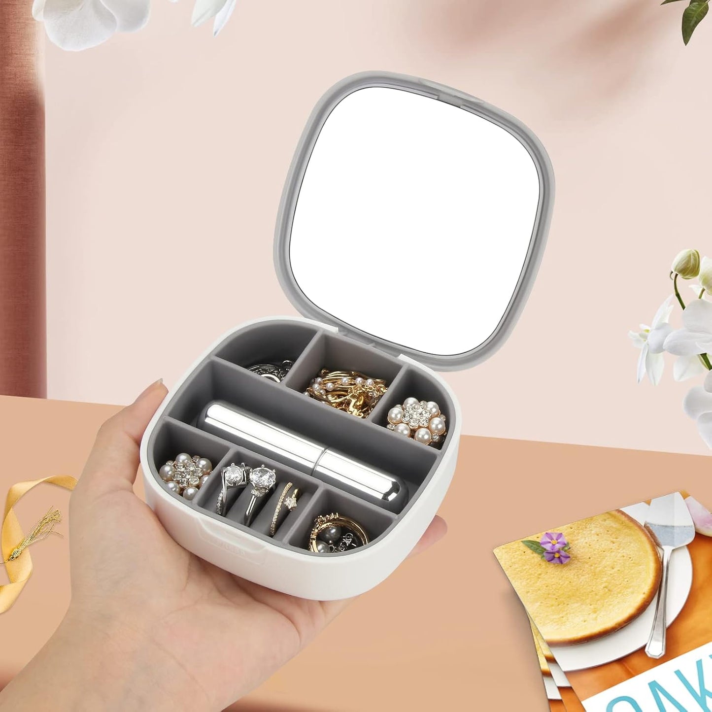 Portable Jewelry Organizer, Convenient Mini Travel Jewelry Box Makeup Mirror Tangle Proof Ring, Necklace, Earring Jewelry Storage Box