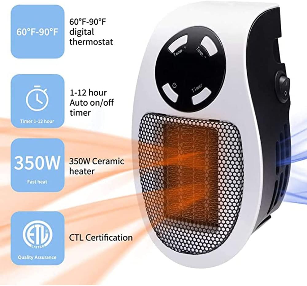 DMG Space Heater with LED Display Wall Outlet Electric Heater Portable Heater with Adjustable Thermostat and Timer and Led Display for Home Office Indoor Use