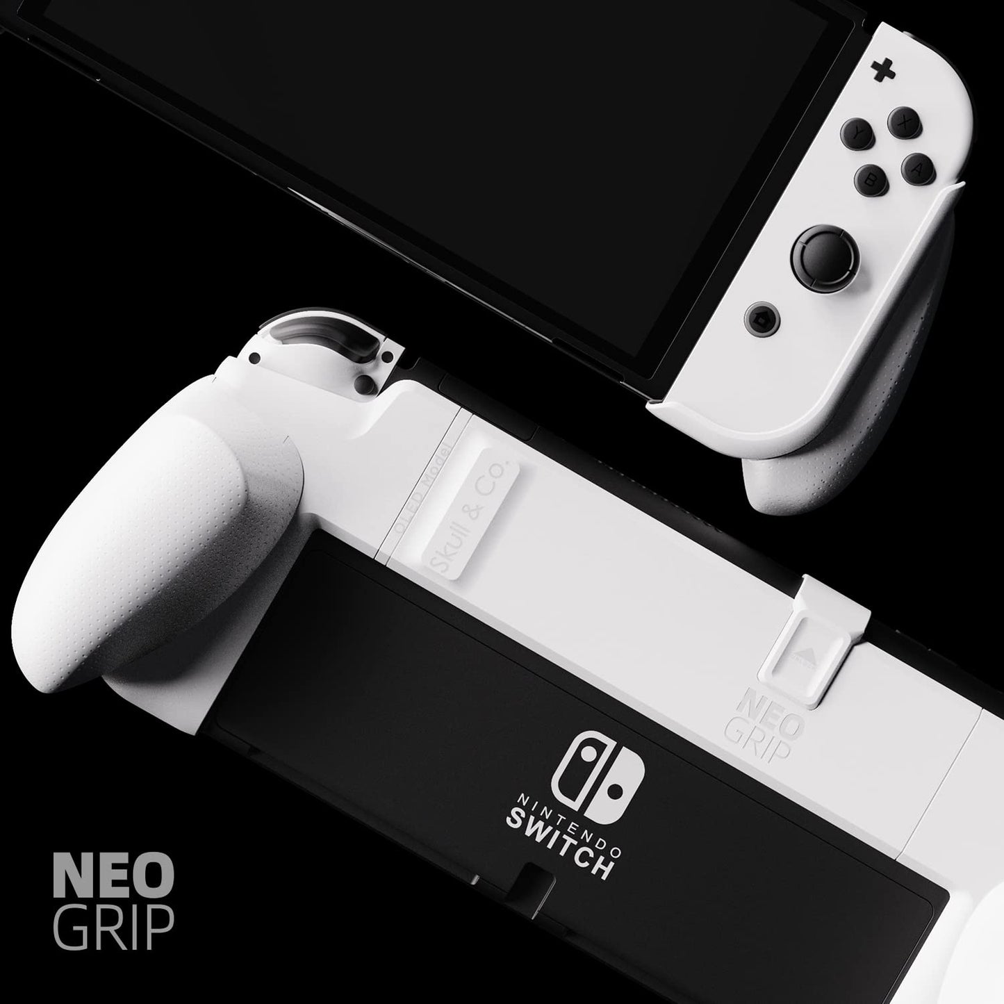 Skull & Co. NeoGrip Bundle: An Ergonomic Grip Hard Shell with Replaceable Grips [to fit All Hands Sizes] for Nintendo Switch OLED and Regular Model [with Carrying Case] - White