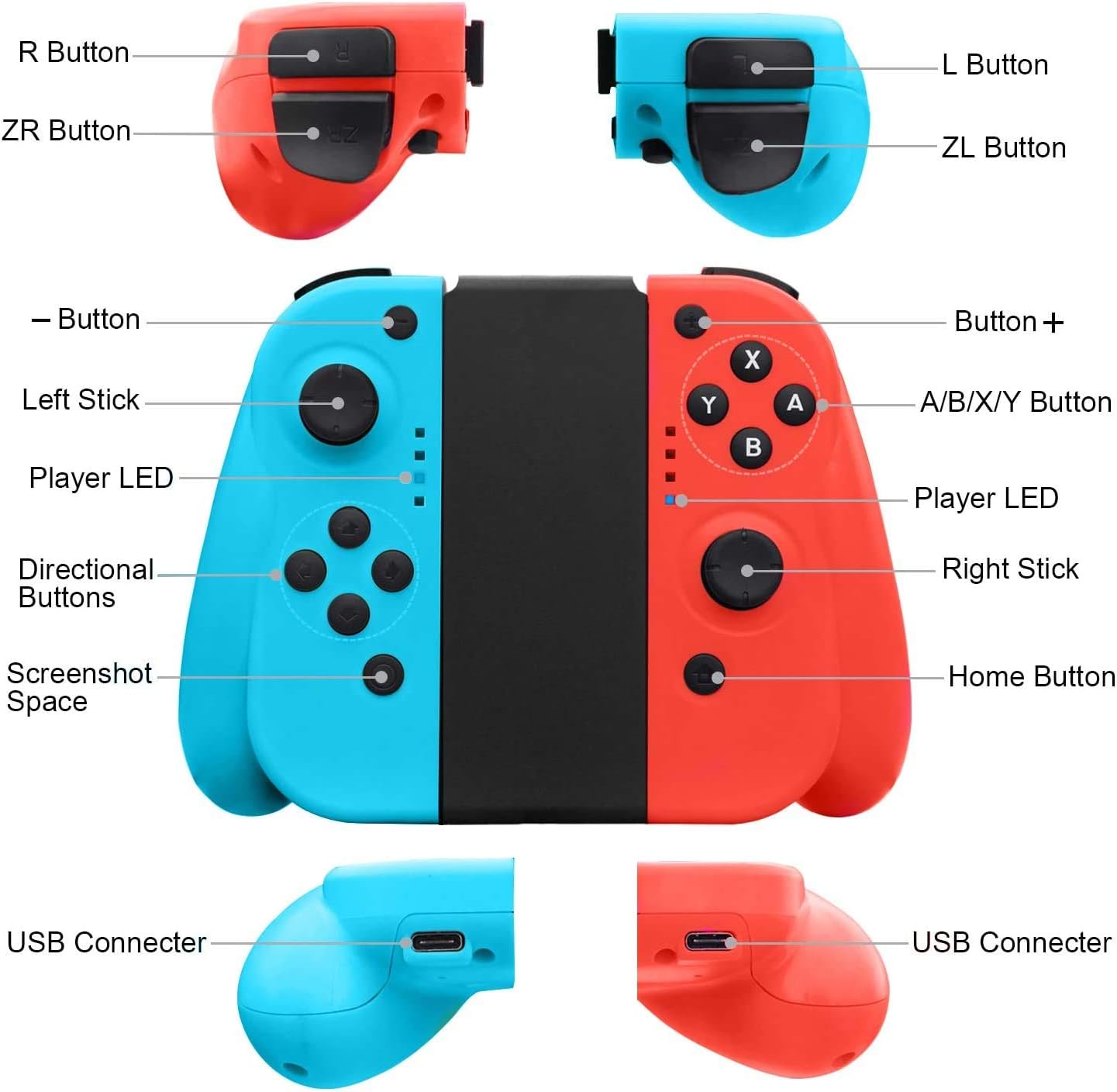 Wireless Controller for Nintendo Switch, Replacement Joy Con Joystick Supports Gyro Function, Double Vibration Ergonomic Joy-Con Compatible with All Games of Switch, blue & Red