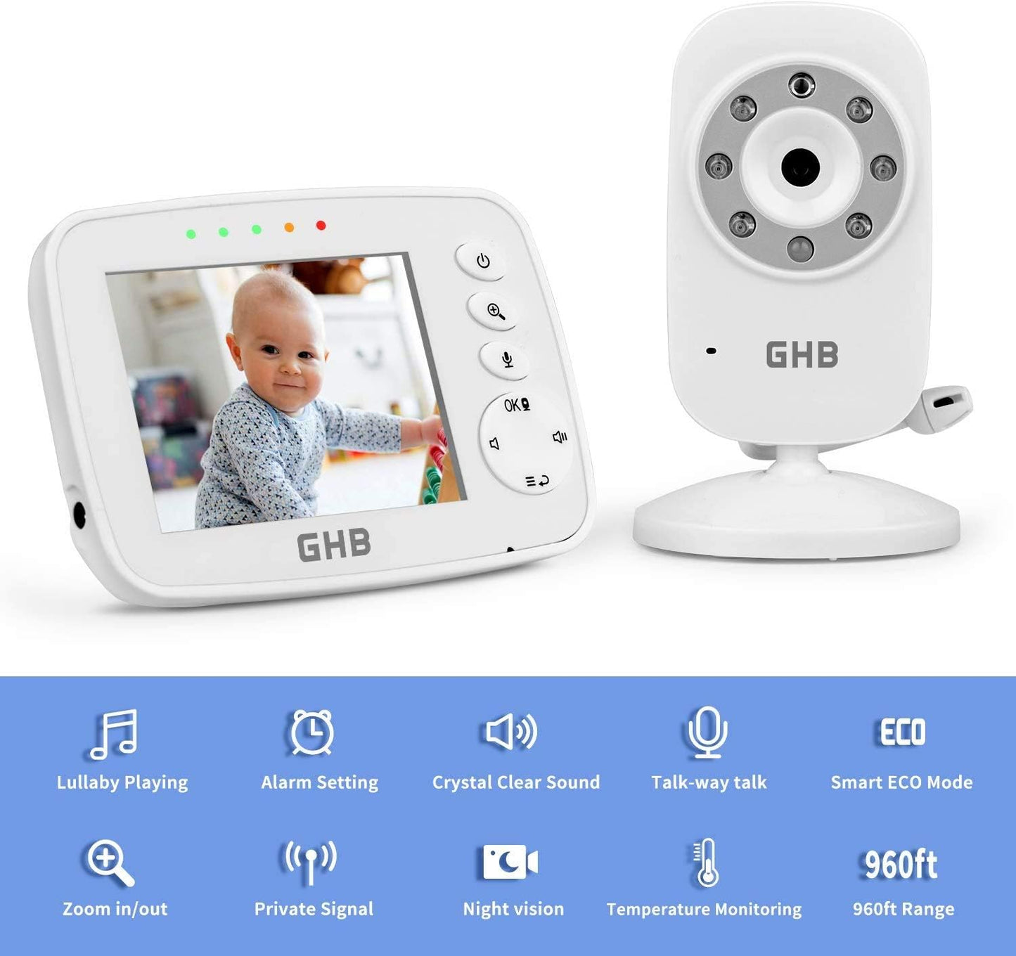 GHB Baby Monitor Video Baby Monitor with Camera Digital Zoom Infrared Night Vision Temperature Monitoring Lullaby Two-Way Talk Support Multi Cameras