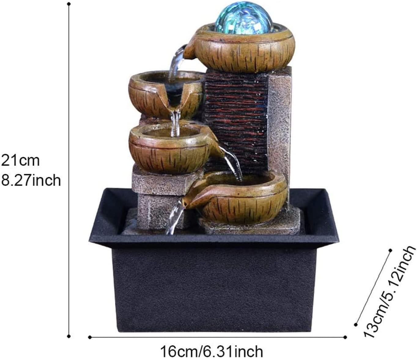 Mini Waterfull Feature Indoor Fountain, Small Water Fountain with LED Ball On The Top for Office, Home Decoration