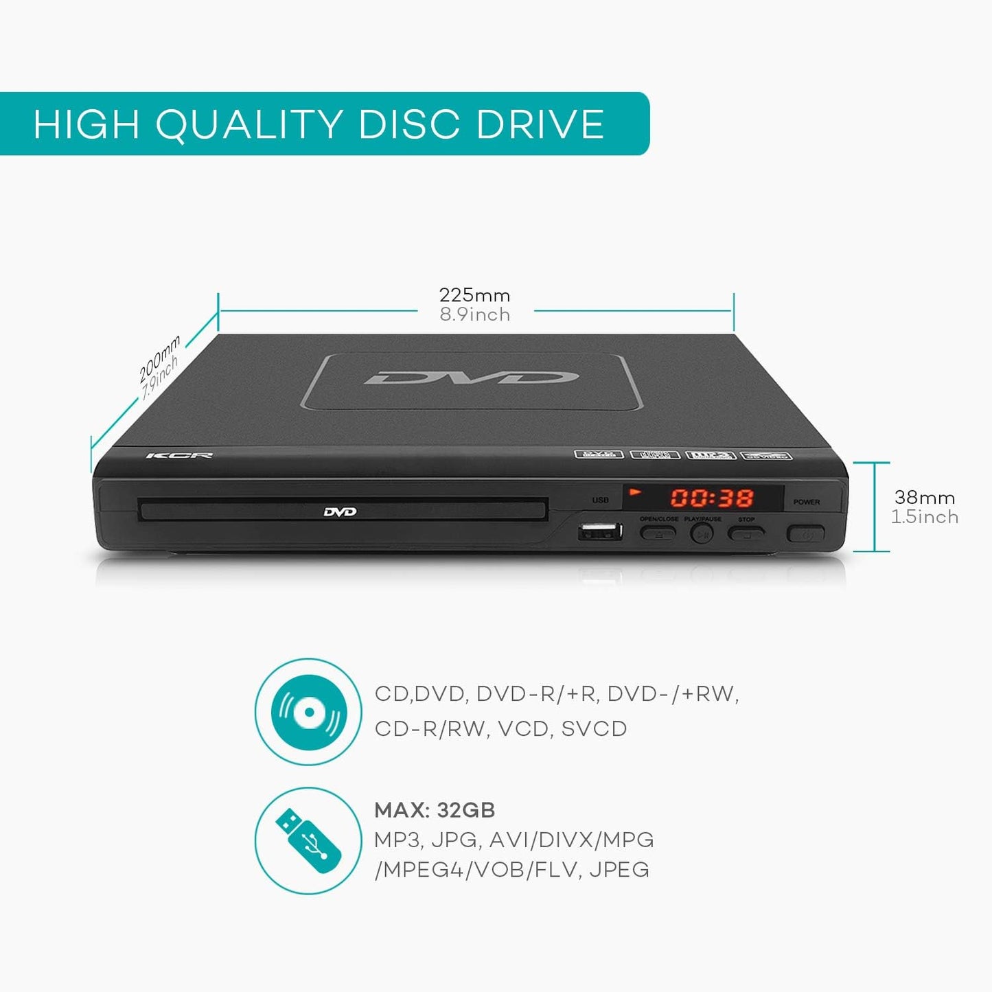 KCR DVD Player for TV, DVD/CD/MP3 with USB Port, HDMI and AV Output (HDMI and AV Cable Included), Remote Control