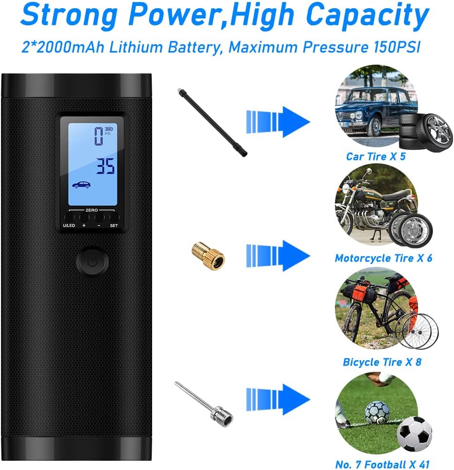 VEEAPE Air Compressor Portable Tire Inflator, 150PSI Electric Air Pump with Pressure Gauge, Heat Dissipation, Rechargeable, Power Bank, LED Light, Tire Pump for Bike Motorcycle Tires Ball(Black)