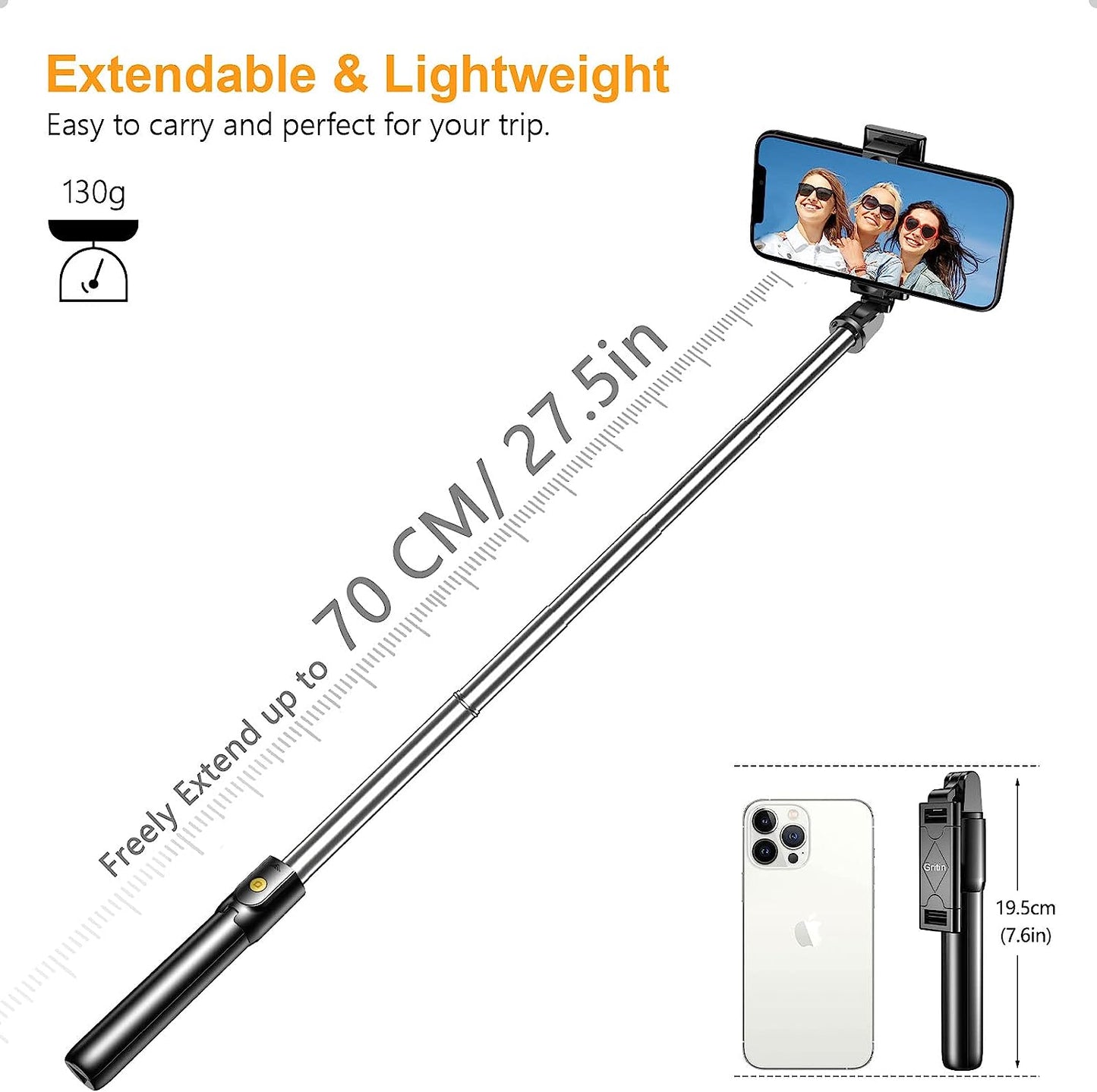 Gritin Selfie Stick, 3 in 1 Bluetooth Selfie Stick Tripod, Extendable and Portable Selfie Stick with Detachable Wireless Remote & Stable Tripod Stand, Compatible with iPhone/Galaxy/Huawei, etc.