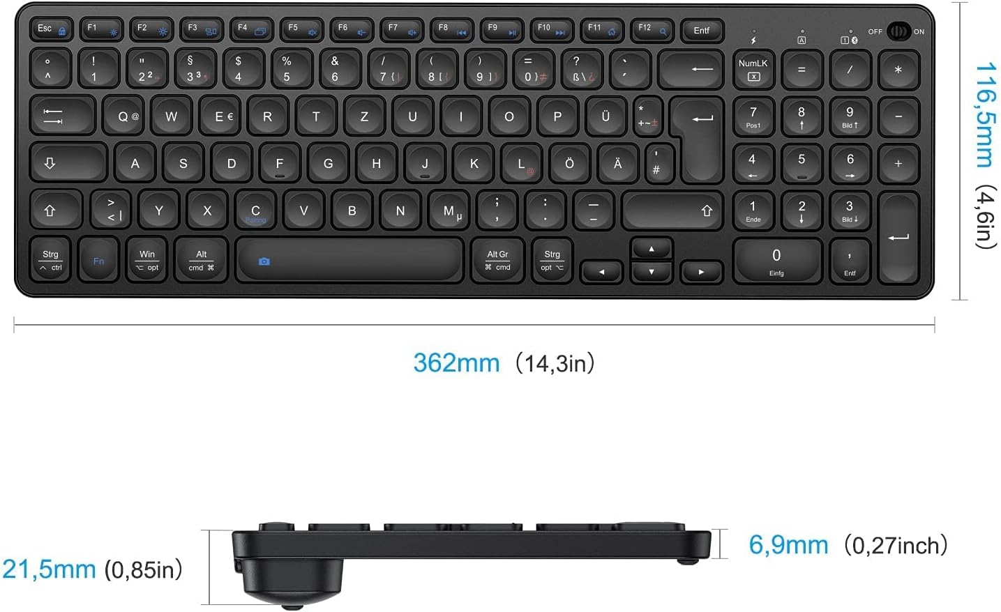 OMOTON Rechargeable Bluetooth Keyboard for MacOS and Windows, Wireless Keyboard for MacBook/MacBook Air/MacBook Pro/iMac/iMac Pro/Mac Pro and Laptop, QWERTZ DE Layout, Business Style, Black