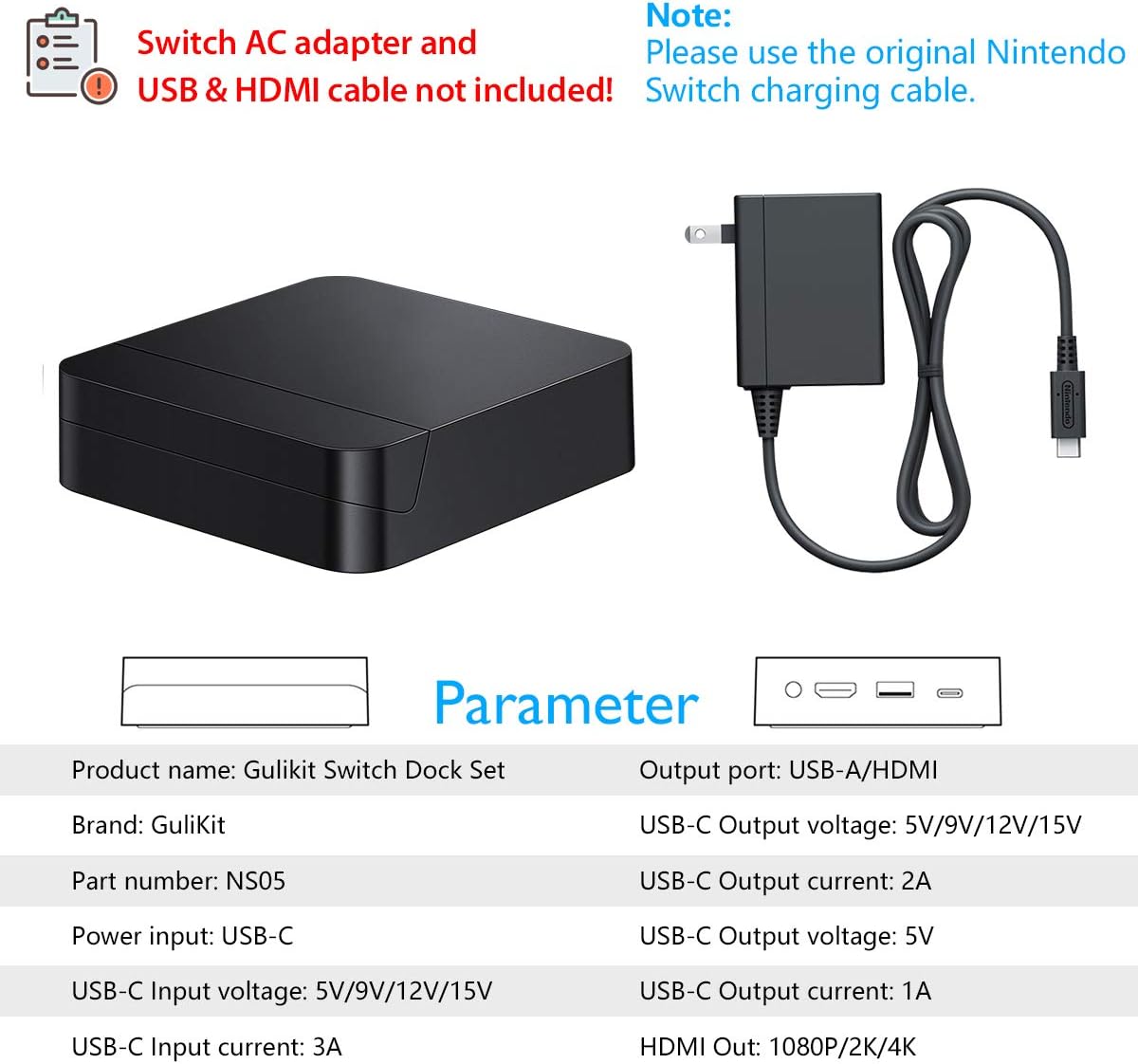 GuliKit Switch Dock Station Compatible with Nintendo Switch, Switch Docking 4K/ 1080P HDMI TV Adapter Portable Type-C PD Charging Stand with USB 3.0 Port Magnetic Dust Cover