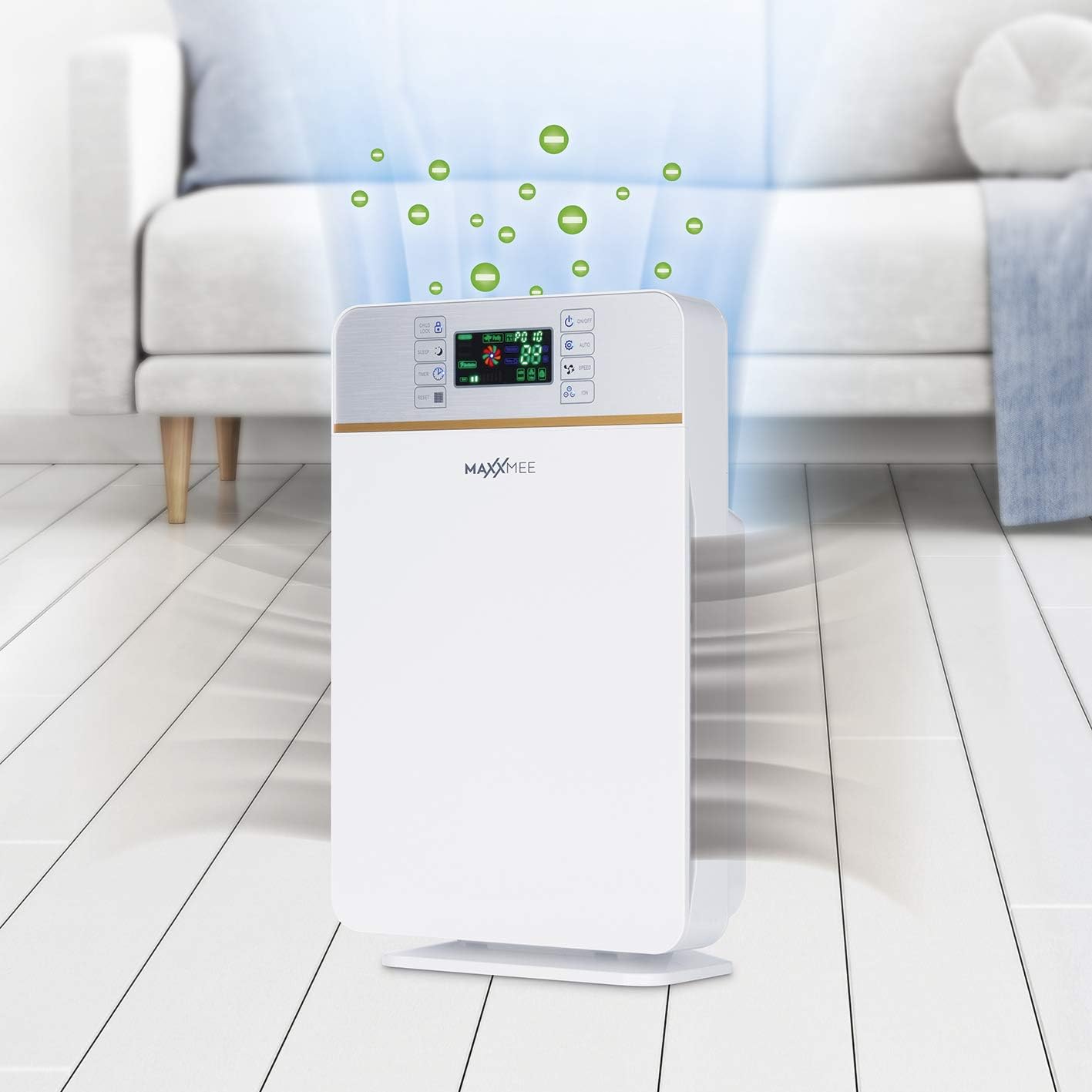 MAXXMEE Digital Air Purifier | Filters Allergens, Pollen, Smoke and Much More Efficiently Ionises Room Air | With 3 Ventilation Levels and Integrated Sleep Mode | 50 W [White/Silver]