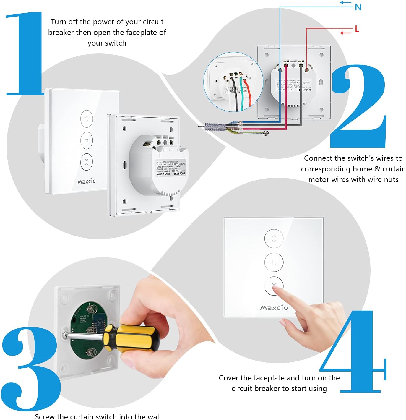 Smart Shutter Switch, Maxcio WiFi Roller Shutter Switch Compatible with Alexa and Google Home, Remote Control and Timing Function for Curtain/Roller Shutter/Motor Door (Neutral Wire Needed)