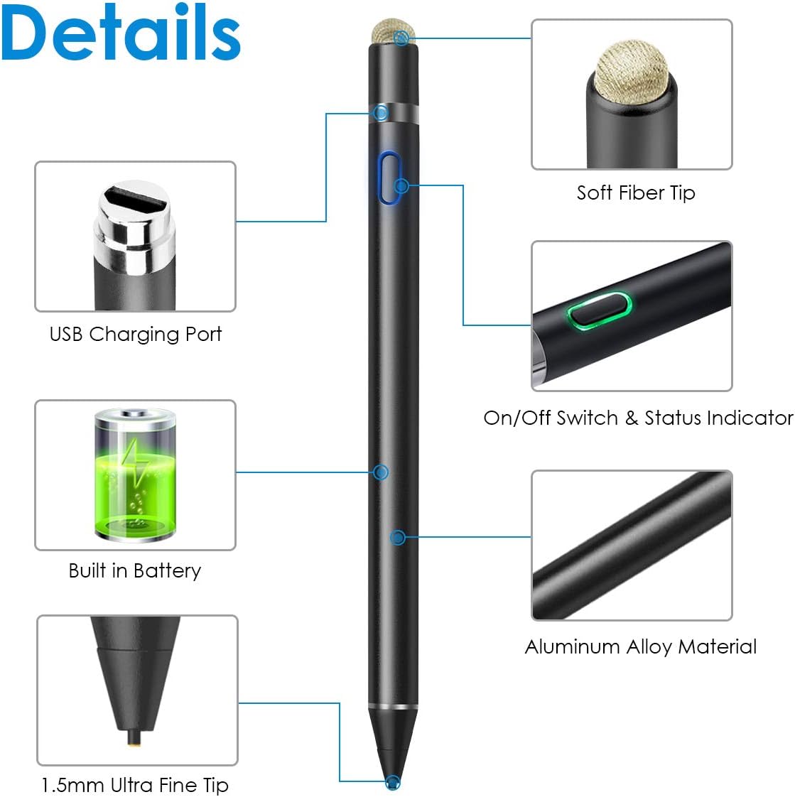 Active Stylus Pen for Touchscreen 2 in 1 Precision Capacitive Stylus Pen Fine Tip 1.5 mm Stylus Active Capacitive for iPad iPhone iOS Samsung Lenovo Huawei Android Touchscreen Tablet Black