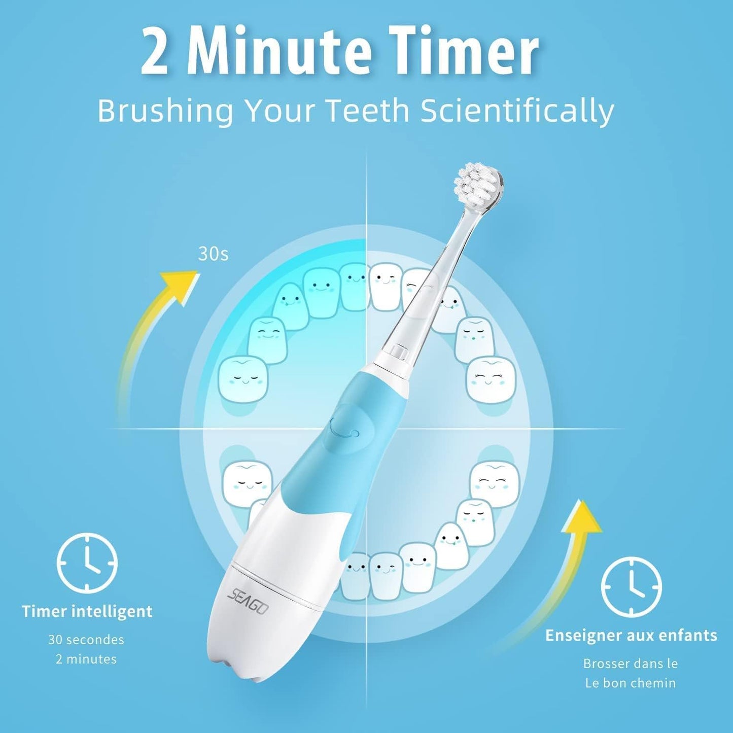 Seago SG-513 Electric Sonic Toothbrush for Children from 0 to 3 Years LED Light Smart Timer Sound Baby Toothbrush Waterproof IPX7 Children's Toothbrush (Sonic Toothbrush + 4 x Replacement Brushes,