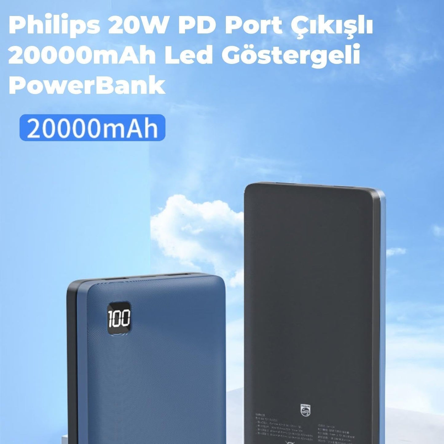 Philips 20000mAh 22.5W Fast Charge and Multi-Output Portable Powerbank - USB and Type-C PD, LED Display - Charge 3 Devices simultaneously