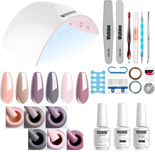 Gel Nail Polish Starter Kit - 6 Colors Gel Polish Set Base Top Coat, 36W UV LED Nail Lamp with Full DIY Gel Manicure Nail Tools by Vishine 8ml #12