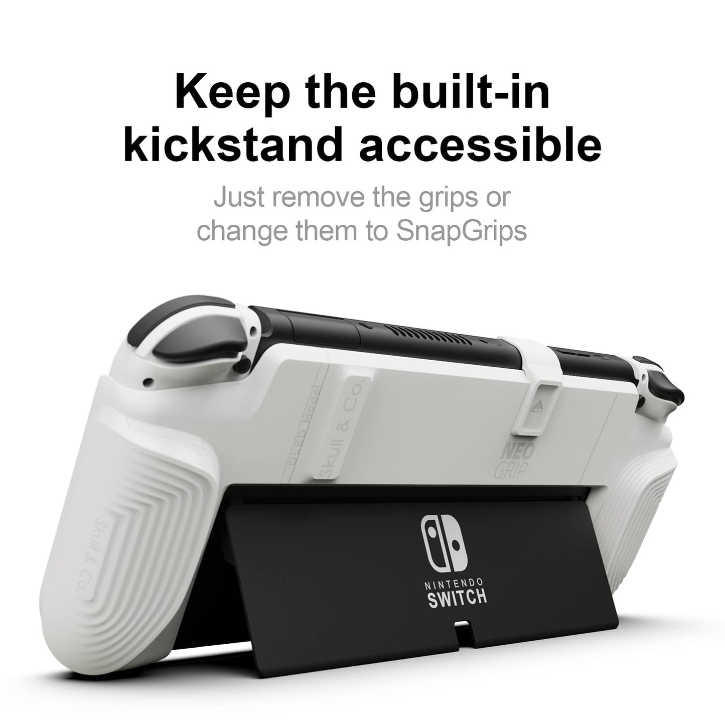 Skull & Co. NeoGrip Bundle: An Ergonomic Grip Hard Shell with Replaceable Grips [to fit All Hands Sizes] for Nintendo Switch OLED and Regular Model [with Carrying Case] - White