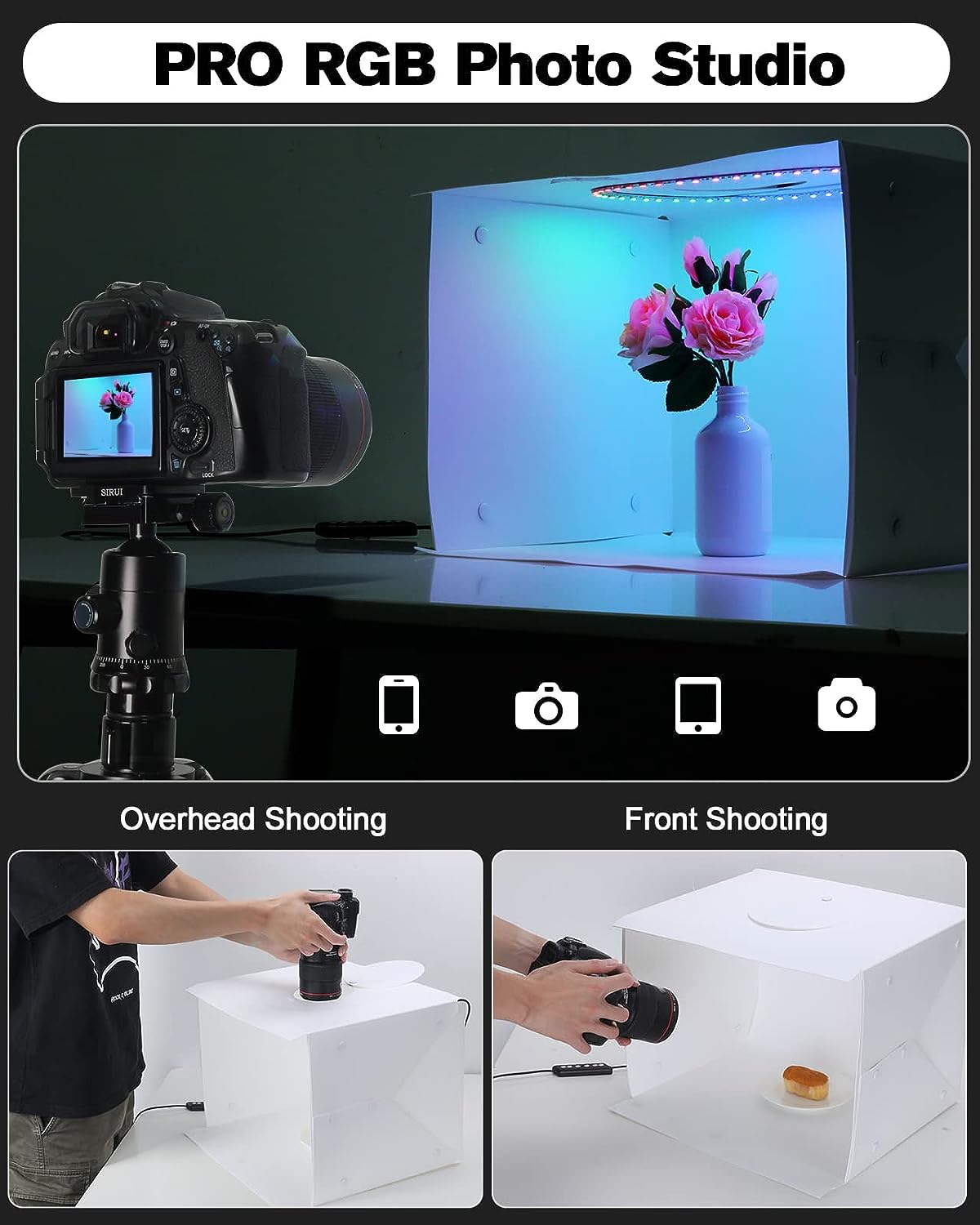 Temery RGB Portable Photo Studio Light Box - 16" x 12" Pro Light Box Photography Dimmable Shooting Tent Kit with 168pcs LED Lights, 12 RGB Colors Foldable Photo Box, 4 Color Backdrops, Remote Control