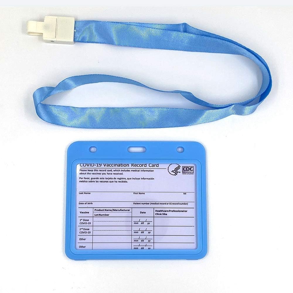 Card Holder Card Protector 4 X 3 Inches with Lanyard Horizontal Style Transverse Double Side Clear PP Plastic Sleeve Badge Card Holder (Light Blue,1 Pack)