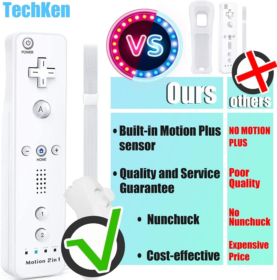 1 Pair Set Of 2 TechKen Controller for Wii with Motion Plus and Wii Nunchuck Controller Wii Remote Control Nunchuk Controller Wii Connection Remote Plus Controller Replacement for Wii/WiiU