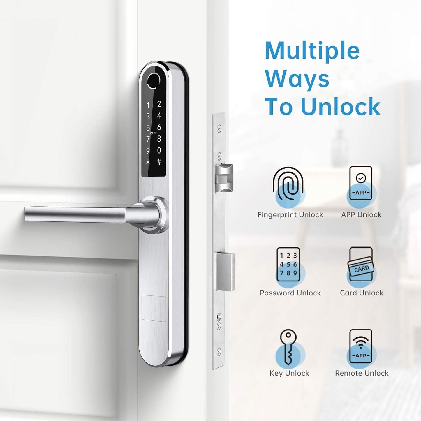 Ruveno Slim Smart Fingerprint Door Lock with Handles, Keyless Entry Door Lock, Bluetooth Fingerprint Keypad Card Keyless Unlock for Aluminum Swing Wooden Door(Grey)