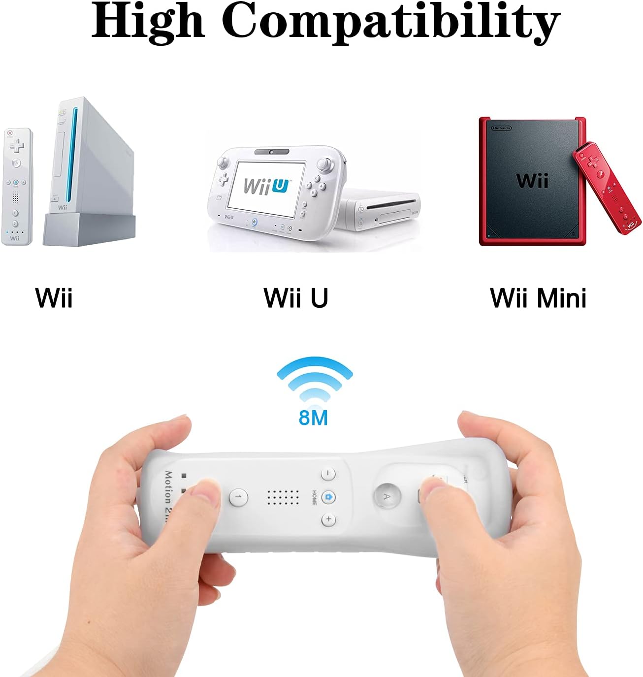 2 Pack Wii Remote Controller with Motion Plus, Wireless Controller for Nintendo Wii and Wii U, with Silicone Case and Wrist Strap, No Nunchucks