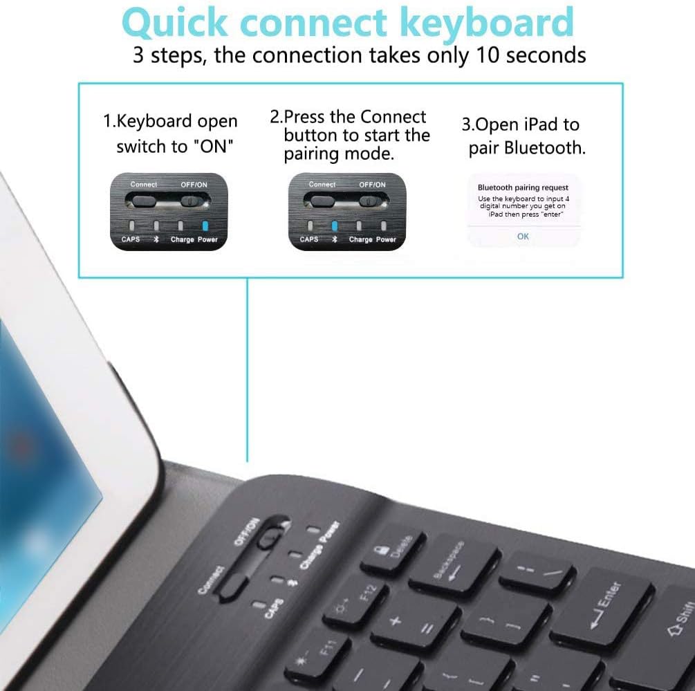 Upworld Keyboard Case for iPad 10.2 Inch 8th Gen(2020)/7th Gen(2019), Ultra-Slim Lightweight Front Support Stand PU Cover,with Magnetically Detachable Wireless Keyboard, Black