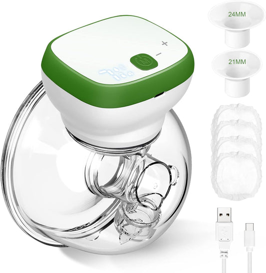 Breast Pump, Hands-Free Wearable Electric Breast Pump Portable Rechargeable LED Display Breastfeeding Breast Pump 3 Modes with 28mm 24mm 21mm Flanges (Green White)