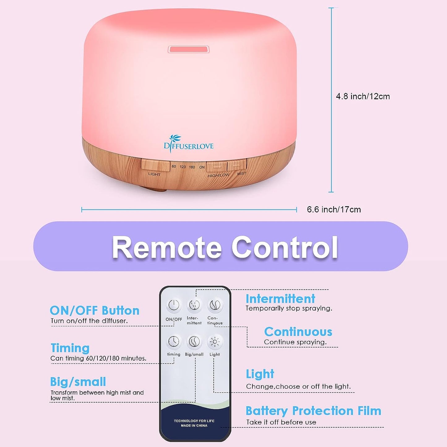 Diffuserlove Diffuser Essential Oil Diffusers 500ML Remote Control Aroma Diffuser Cool Mist Aromatherapy Diffuser with Mute Design, Timer and Auto Shut-Off for Office Living Room