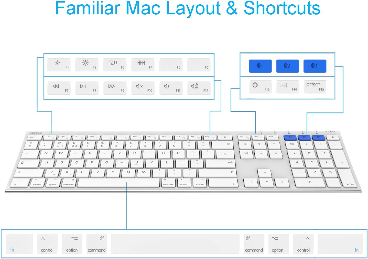 Arteck Bluetooth Keyboard for Mac iPad Multi-Device Stainless Steel Full Size Wireless Keyboard Compatible with iPad, iMac, Mac mini, MacBook, iPhone, Mac OS, iOS, Built-in Rechargeable Battery