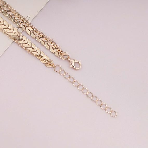 Dervivea Boho Layered Fishbone Chain Necklace Gold Fish Bone Choker Necklace Double Layer Thin Chain Necklace Chevron Necklace Jewelry for Women and Girls