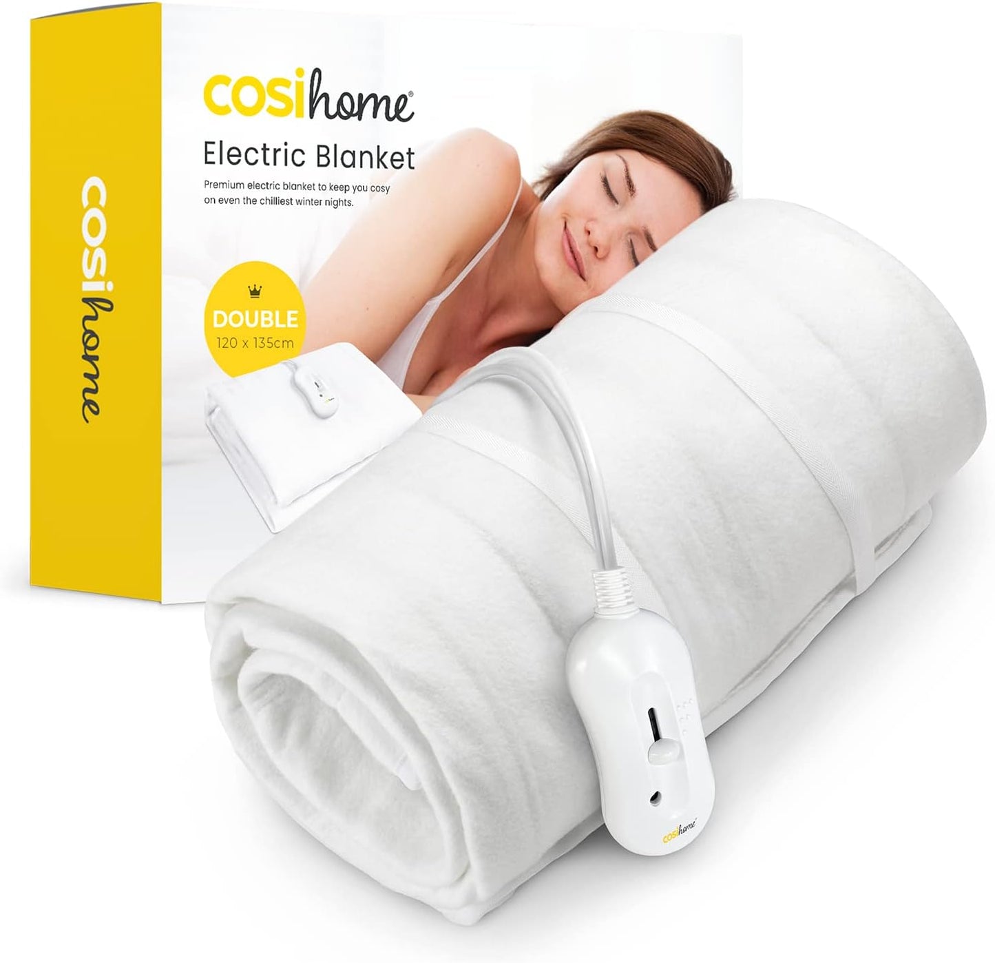 Cosi Home Premium Comfort Double Electric Blanket - Control with 3 Heat Settings, Polyester, White