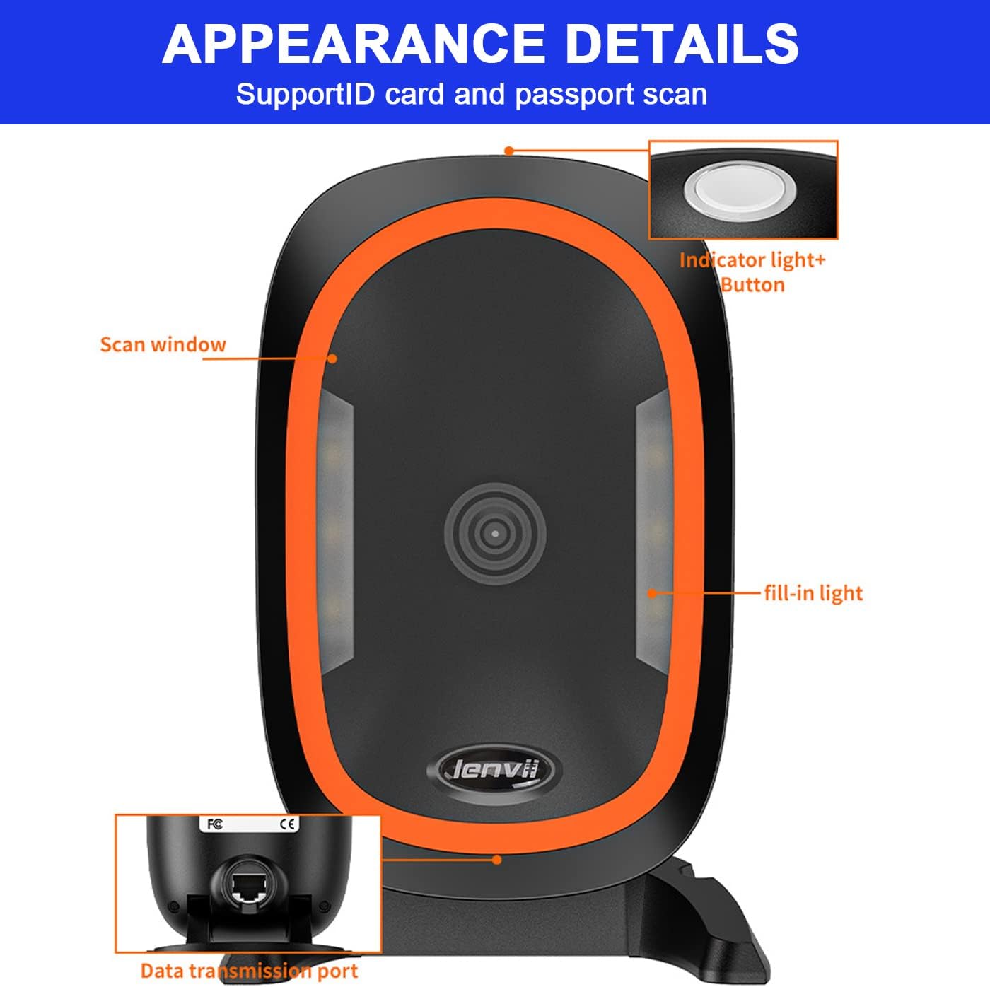 D2200 Desktop 2D Barcode Scanner Automatic QR Code Scanner Wired Bar Code Reader for POS System Supermarket (Orange)