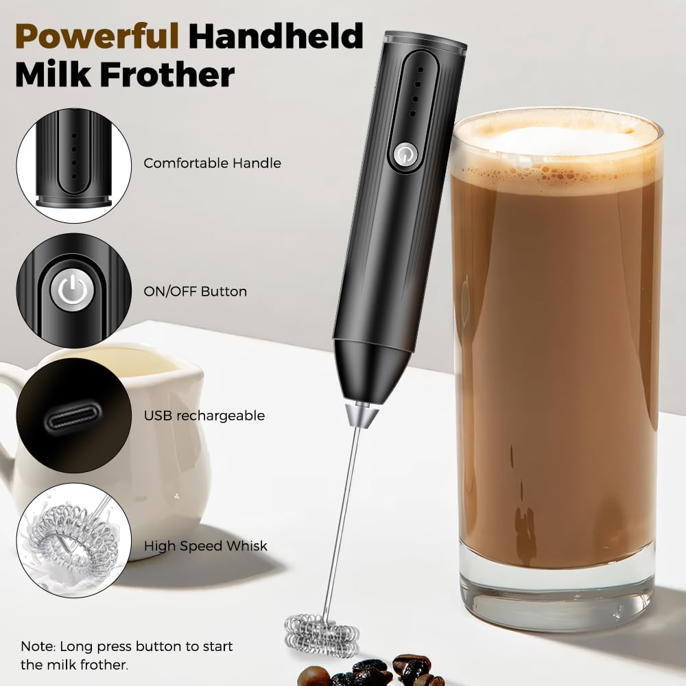 Electric Coffee Beater Stainless Steel USB Rechargeable Coffee Frother with Electric Handheld Milk Frother, 3 Adjustable Foam Settings for Eggs, Milk, Lattes, Coffee, Matcha, Cappuccinos, And Hot Chocolate