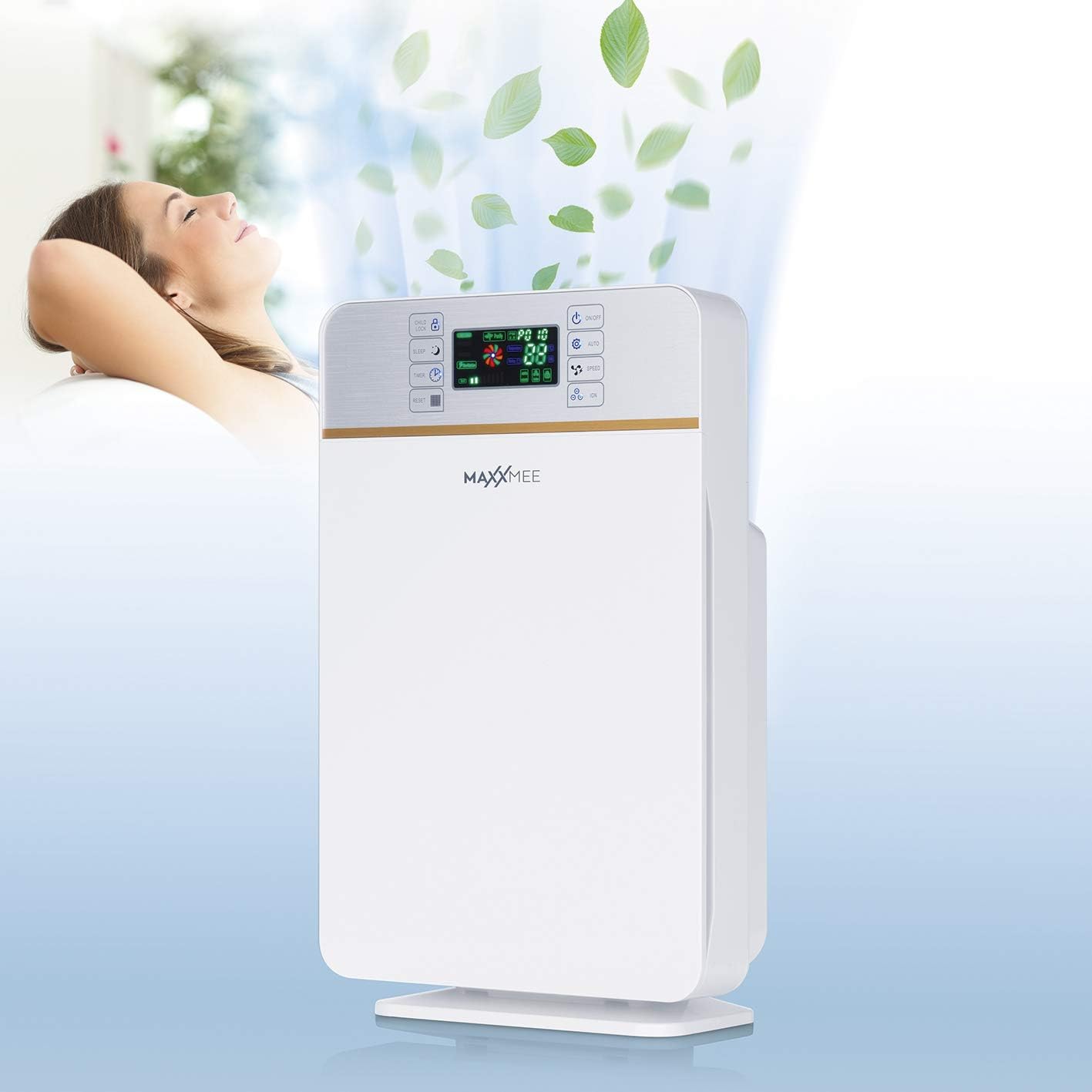 MAXXMEE Digital Air Purifier | Filters Allergens, Pollen, Smoke and Much More Efficiently Ionises Room Air | With 3 Ventilation Levels and Integrated Sleep Mode | 50 W [White/Silver]