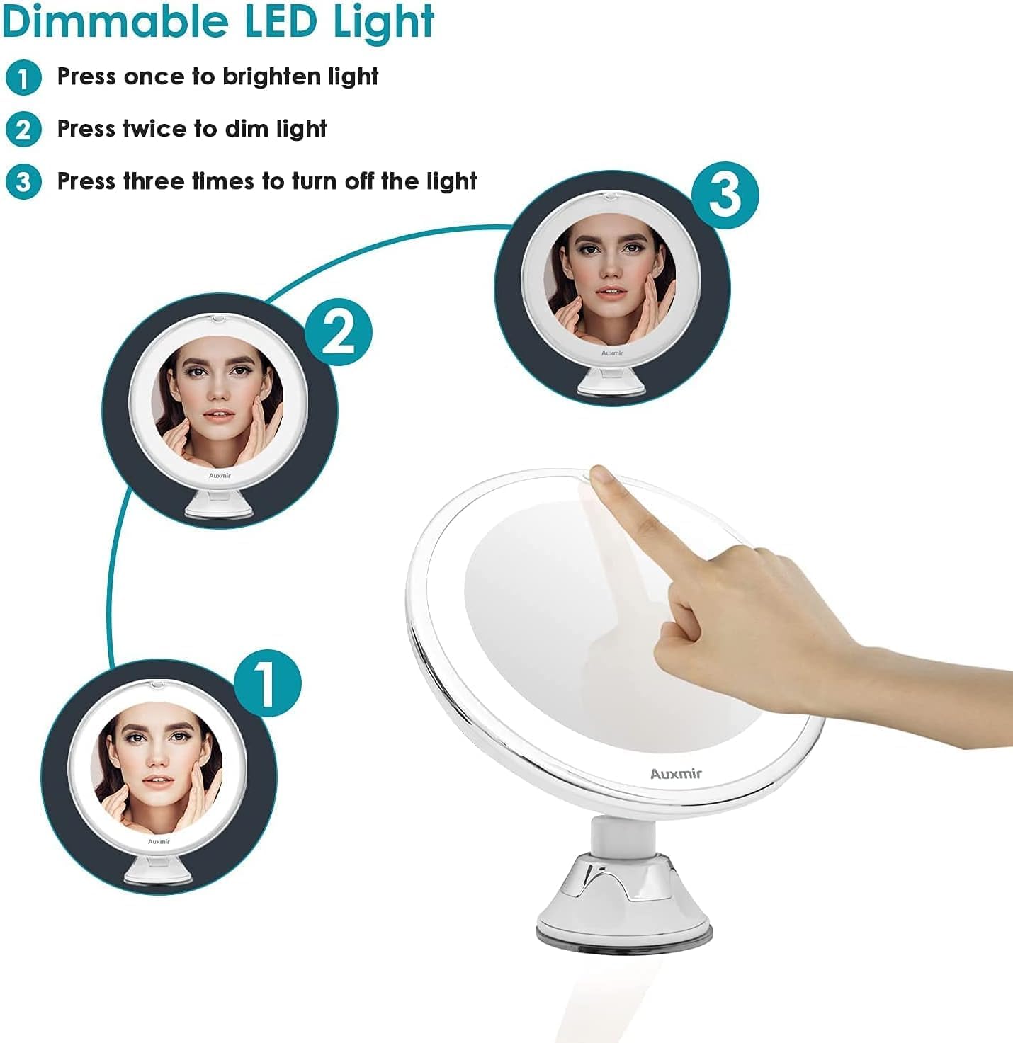 Auxmir 10X Magnifying Lighted Makeup Mirror, Tabletop Vanity Mirror with Daylight LED, 2 Brightness Levels, 170mm Wide 360° Rotating Shaving Mirror with Locking Suction for Home, Bathroom