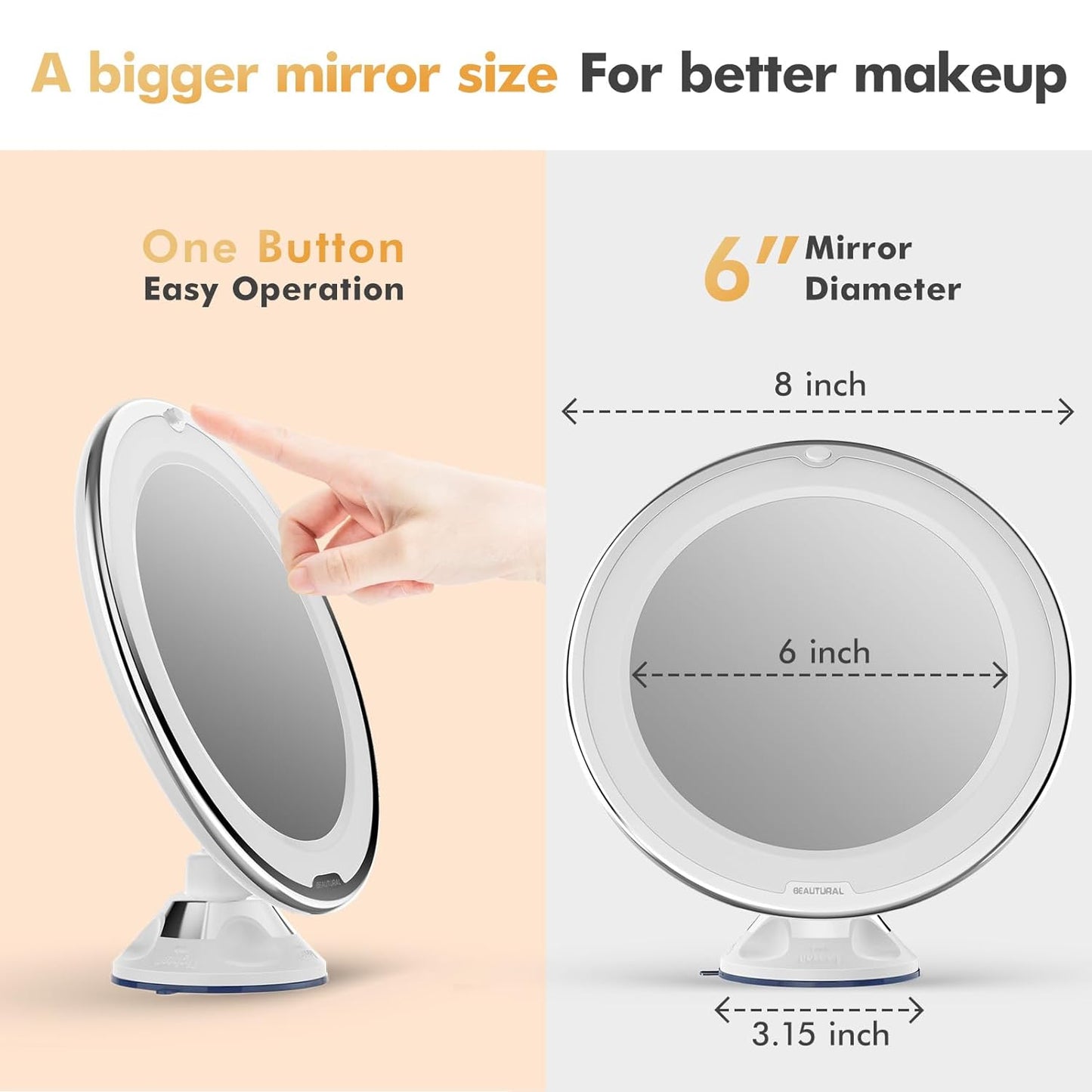 Beautural Makeup Mirror, 10X Magnifying Lighted Vanity Daylight White LED, Portable Illuminated Bathroom Mirror, 360 Degree Swivel Rotation and Locking Suction, framed, ?Round, Wall Mount