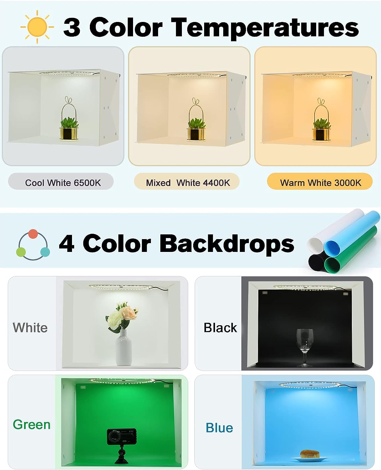 Temery RGB Portable Photo Studio Light Box - 16" x 12" Pro Light Box Photography Dimmable Shooting Tent Kit with 168pcs LED Lights, 12 RGB Colors Foldable Photo Box, 4 Color Backdrops, Remote Control