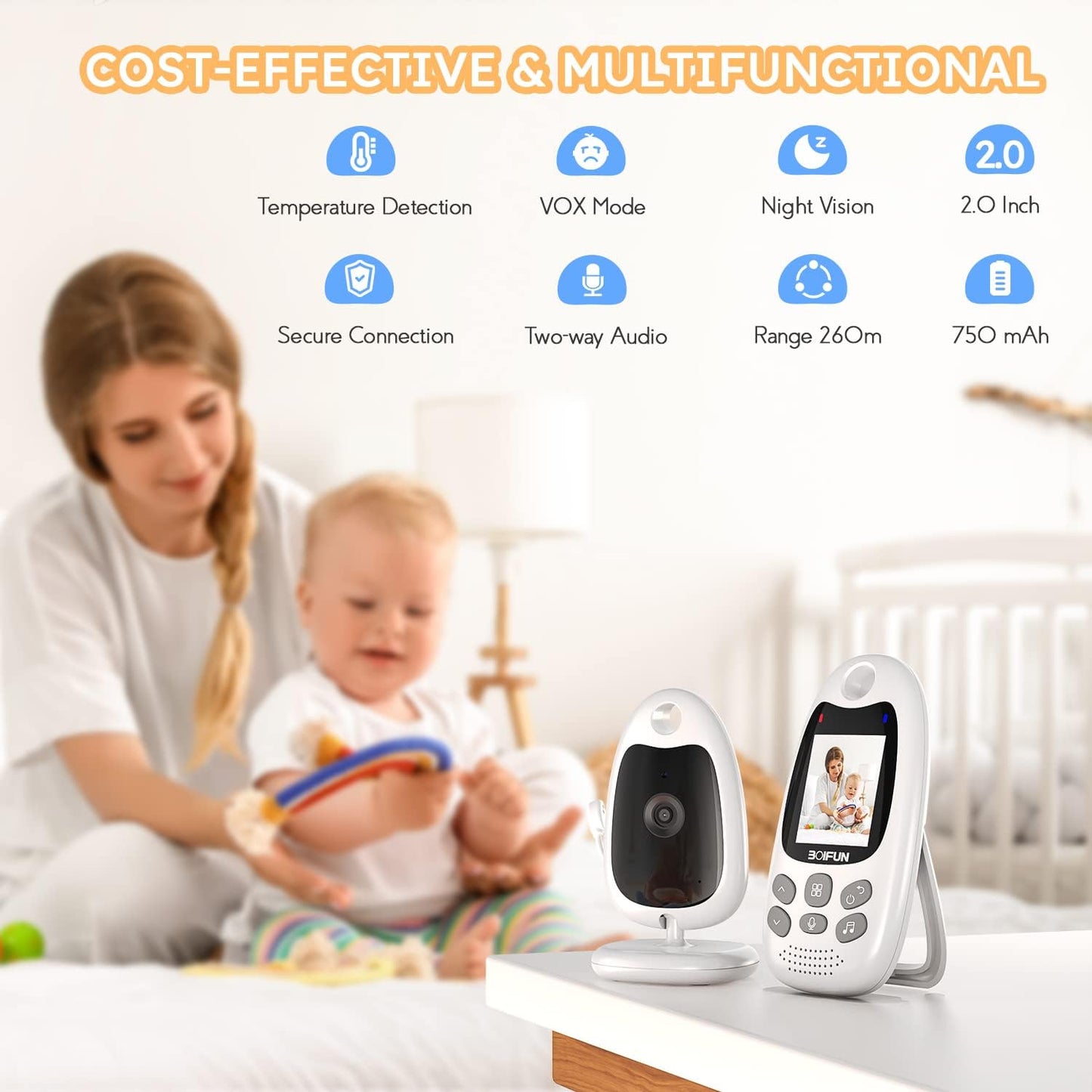 BOIFUN Baby Monitor, Portable Wireless Video Baby Camera, Rechargeable Battery, Night Vision, Two-way Talk, 8 Lullabies, VOX Mode, Feeding Reminder, Smart Temperature, 2-inch Screen Baby/Elder/Pet