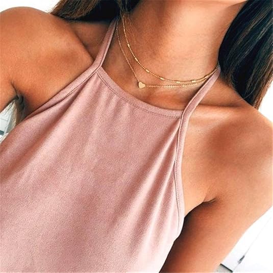 Aluinn Love Heart Layered Choker Necklace Golc Simple Beads Pendant Necklace Simple Chain for Women