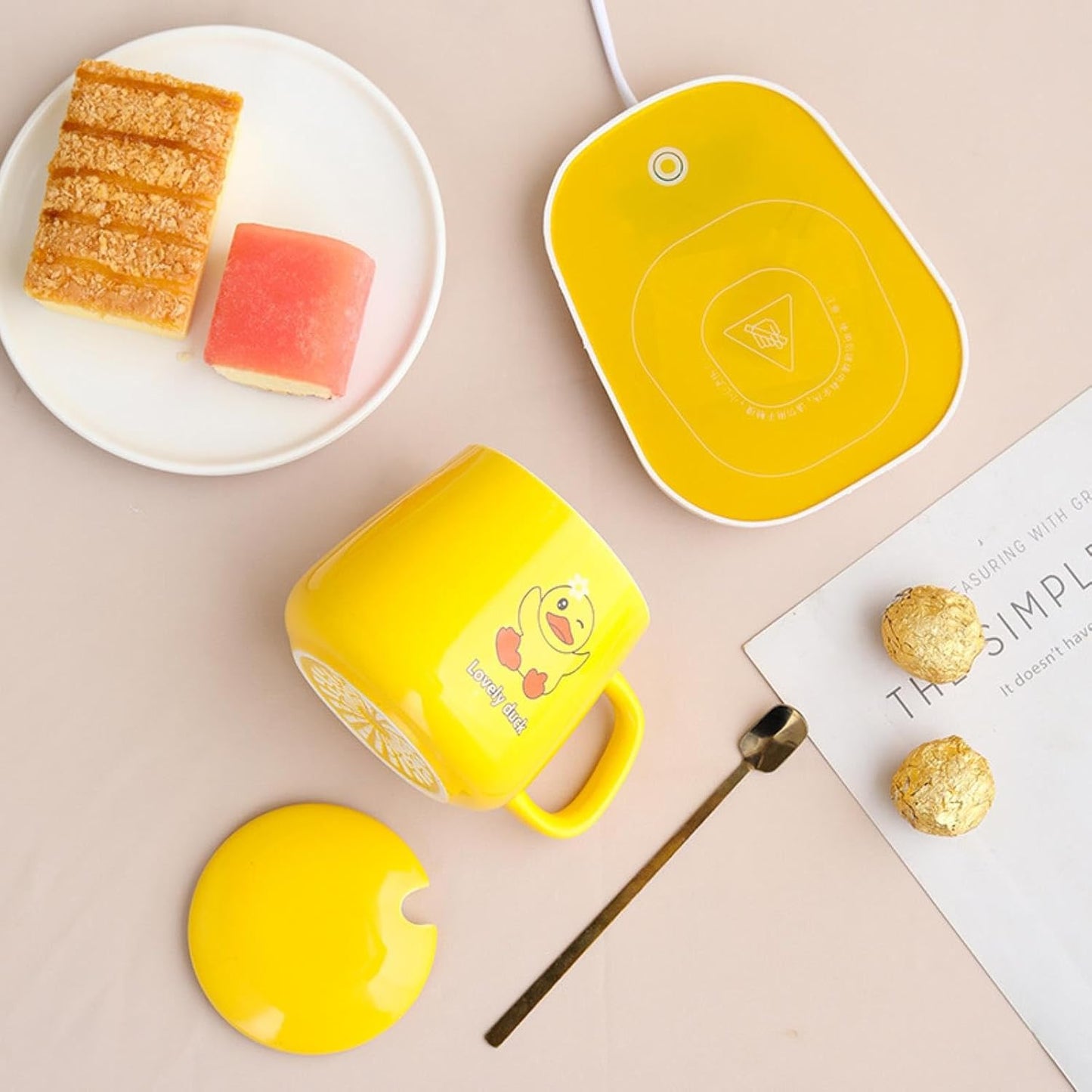 250ml Cartoon Yellow Duck Constant Temperature 55 Degree Ceramic Mug With Lid And Spoon, Heated Coaster Gift Box-Little Yellow Duck - Gift Box Package