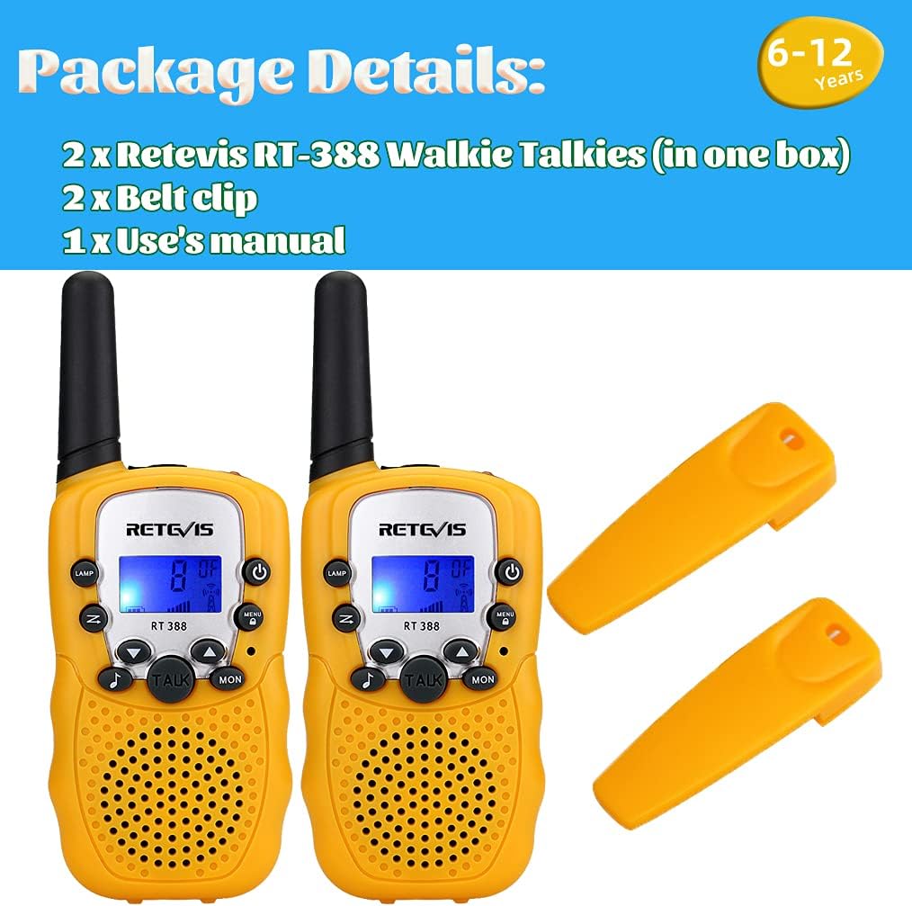 Retevis RT-388 Walkie Talkies for Kids,22 Channels Long Range Kids Toys with Flashlight,Christmas Gifts Boys Girls Outdoor Indoor Cosplay Camping Hiking Skating(Yellow,2 Pack)