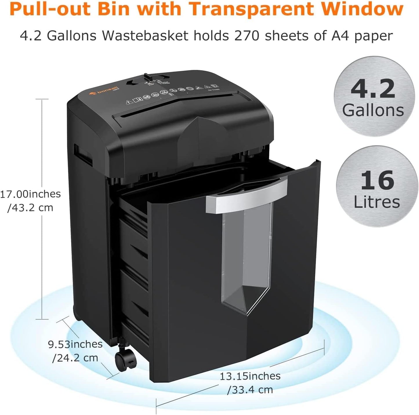 Bonsaii Micro Cut Paper Shredder, Heavy Duty Shredder for Home Office Runs for 30 Mins, 10-Sheet Super Shredders with 4 Casters & 16 Litres Pullout Bin, Shreds CD, Card, Mail, Staple and Clips(C266-B)