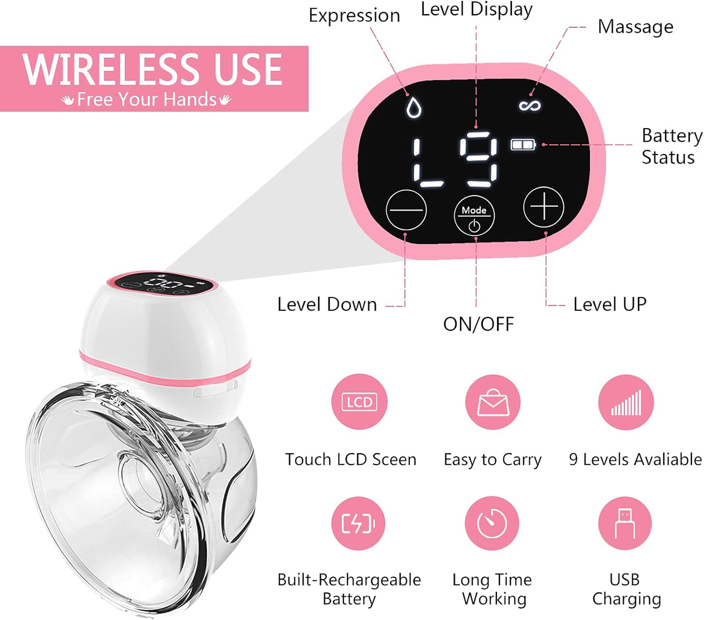 Rainyb Hands Free Breast Pump Electric Portable Breast Pump Quiet Strong Suction Power 3 Modes & 9 Levels Touch Panel High Definition Display, 24mm Flange